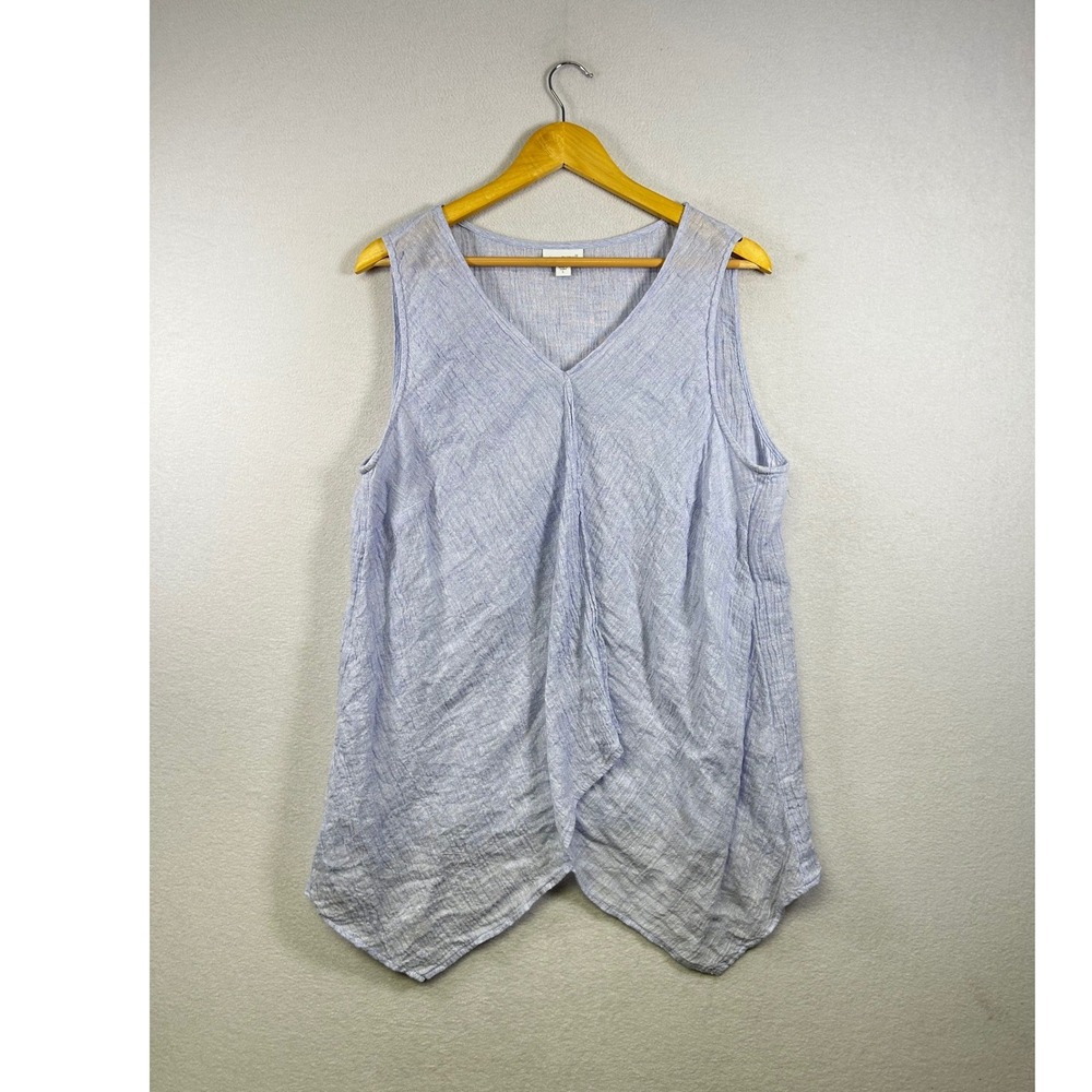 Pure Jill Linen Tank Top Womens L Blue V-Neck Crossover Tulip Hem Sleeveless